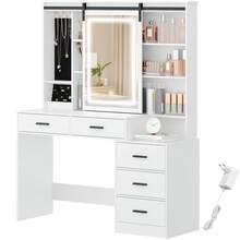 Hzuaneri Schminktisch, Abnehmbarer Großer Spiegel, mit Schmuckaufbewahrung, Offene Regale, 5 Schubladen, mit Beistelltisch, für Schlafzimmer, Weiß