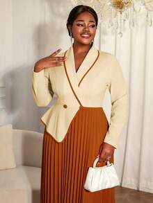 Elegant Plus Size Pleated A Line Dress Long Sleeve Shawl Collar With Button Details And Ruffle Hem Perfect For Church Or Work - 棕色 - 查看 3
