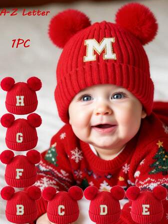 1顶刺绣个性化婴儿针织帽，幼儿儿童26字母针织帽，手工女婴骷髅帽，适合0-3岁女婴日常佩戴