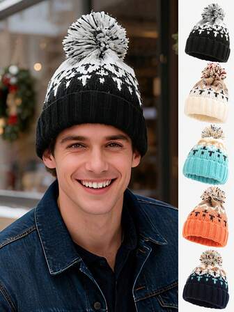 1pc Adult Fashionable Versatile Color Block Warm Knit Beanie Hat With Colorful Pom Pom Decor, Suitable For Autumn/Winter Daily Wear, Windproof And Warm, Great Gift Men Winter Clothing