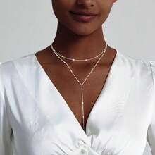 Luxval Lariat Gold Necklace For Women, Dainty Long Necklace 14k Gold Plated/Silver Y-Shaped Pendant Necklaces  Beaded Chain Drop Necklaces Jewelry For Women Gifts{"Color_name":"Silver-YLayeredShinnyNecklace"} - 銀色-YLayeredShinny項鍊 - 查看 5