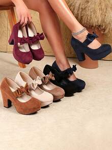 Women's Black Chunky Heel Closed Toe Low Block High Heel Pumps, Round Toe Work Shoes With Bow Decor Mary Jane, Comfortable Women's Formal Shoes, Christmas Gift - 棕色 - 查看 8