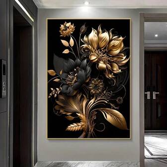 Impresión de arte en lienzo abstracto floral moderno sin marco, gran decoración de pared de flor negra y dorada elegante, acento lujoso para el dormitorio y la sala de estar