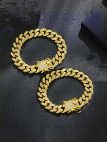 2 piezas Conjunto de collar y pulsera de alta calidad de estilo hip hop, collar de eslabón cubano brillante y pulsera, joyería hip hop con diamantes, diseño de lujo adecuado para hombres y mujeres, accesorios para el cuello y la muñeca, diamantes brillantes - multicolor - Ver 30