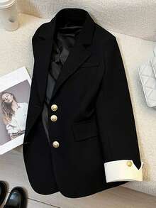 HOMEYEE 复古休闲西装外套，翻领，长袖，拼色，纽扣开合，适合休闲、商务、办公室穿着，四季皆宜 - 黑色 - 查看 9