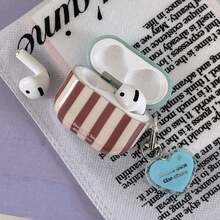 French Minimalist Blue & Brown Striped Earphone Case + Blue Heart Pendant Set, Compatible With Apple Pro3/Pro2/Pro/AirPods4/3/2 Case, Fashionable Earphone Protective Cover - Multicolor - View 8