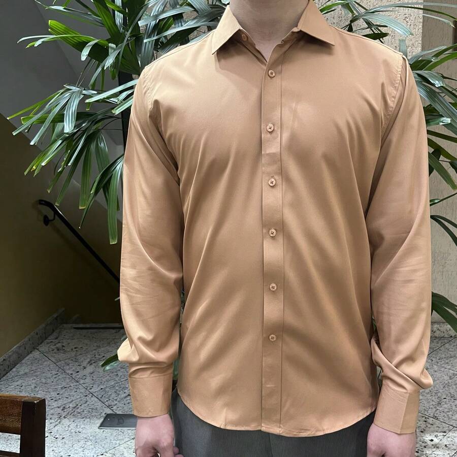 Microlight, Long Sleeve, Slim Fit, Wrinkle-Free, Iron-On Dress Shirt - Caramel - Xem 1