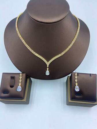 Women's Luxury Fashion Jewelry Set, Crystal Zirconia Necklace + Earrings 3-Piece, Elegant & Graceful, Minimalist & Generous, Best Accessory For Weddings, Galas, Parties And Holidays
