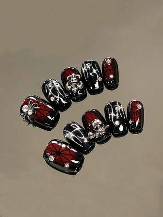 10 Pieces Of Short Coffin Shaped Pressed Nails, Dark Punk Metal With Black And Red Blending Spider Web And Metal Accessories, Suitable For Office Workers, Students, Party Girls, And Nail Supplies Of All Seasons. Comes With 1 Jelly Gel And 1 Nail File