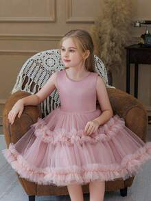 2pcs/Set Young Girl Beaded Tulle Mesh Party Dress, Elegant Princess Dress Flower Girl Dress For Special Occasions, Festivals, Formal Events, Costume Party, Birthday - 粉色 - 查看 2