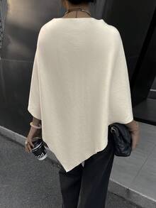 Women's Elegant Ribbed Knit Asymmetric Collar Batwing Sleeve Short Sleeve Regular Knit Top - Apricot - View 4