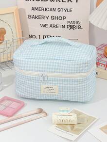 1 件装蓝色格纹化妆包，绣有爱心图案，可爱波点印花，大容量旅行化妆包，带拉链，可收纳化妆刷，小口红袋，小物件收纳袋 - 粉色 - 查看 21
