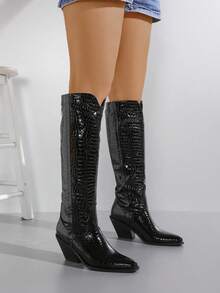 Black Snake Skin Pattern Western Style Knee-High Boots - Black - View 4