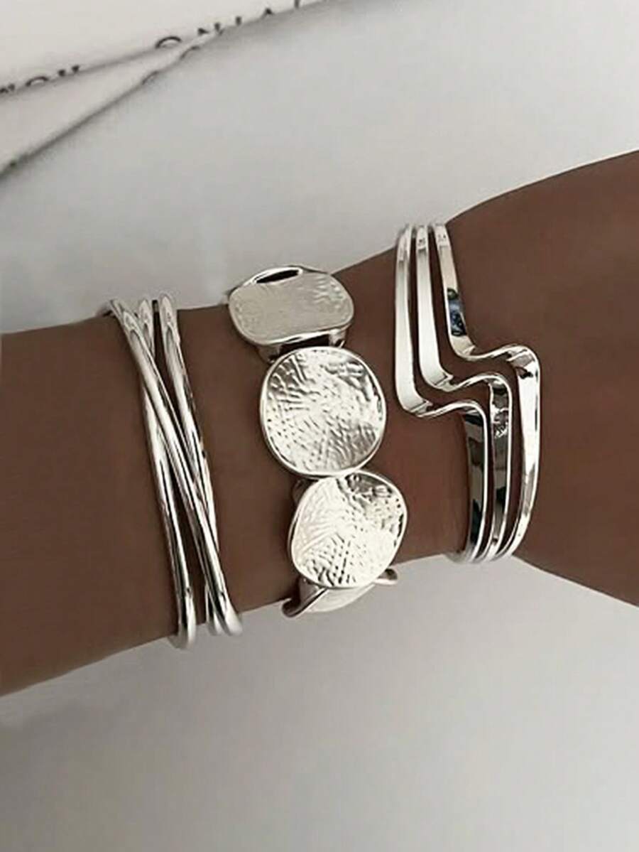 3pcs/Set Vintage Punk Geometric Line Design Bangle Bracelet Set, Fashion Accessory For Dates, Parties, Festivals, Birthdays, Everyday Wear