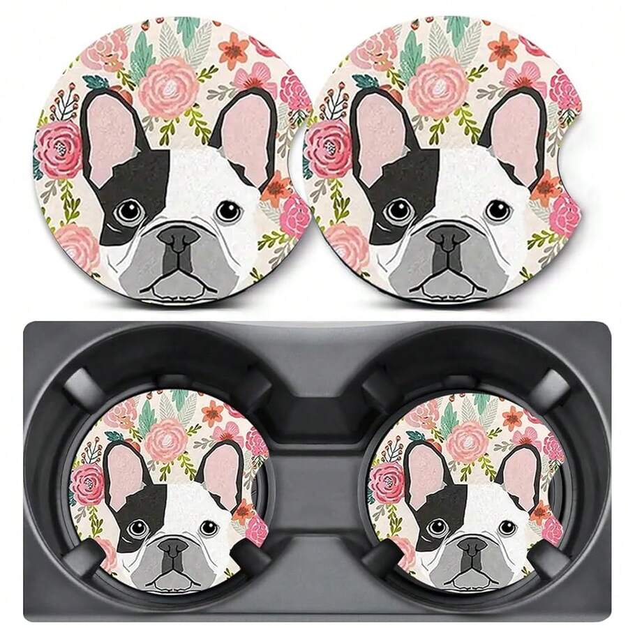 2 Pack Car Coasters For Cup Holders,French Bulldog & Flora Car Coasters,2.75" Universal Size Anti Slip Rubber Mat,Auto Cup Holder Decal Decor Accessories,Dog Gifts For Dog Llovers Women Men{"Color_name":"BlackandWhiteDog-1","Size_name":"2PCS"} - Chó Đen và Trắng-1 - Xem 1