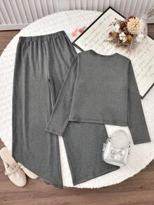 Vihyde 2 pezzi/set Top e pantaloni casual a gamba larga con fiocco decorativo, stile dolce a blocchi di colore, per ragazze, autunno/inverno