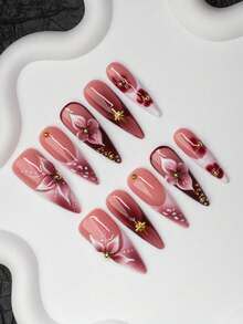 10pcs/Set Handmade Almond-Shaped Y2K Baddie Style Press-On Nails, Nude & Red Color With French Tips, Engraved, Printed, Studded Design, Suitable For Parties, Dances, Daily Wear, Includes Tool Kit, Great Gift For Women & Girls Nail Supplies Handmade Press On Nails - Multicolor - View 2