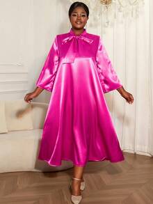 Plus Size Satin Maxi Dress For Women With Tie Neck And Kimono Sleeves Elegant Long A-Line Dress With Bow - 玫紅色 - 查看 1