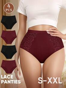 MIOTAN 4条装女士高腰内裤，全包臀，蕾丝拼接，花卉印花，优雅透气 - 彩色 - 查看 1