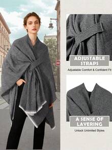 一件时尚优雅的黑白格子披肩斗篷，可调节系带柔软围巾式披肩，适合秋冬季叠穿，也适合空调房使用。 - 彩色 - 查看 4