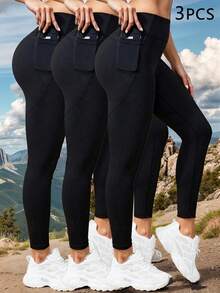 3 sztuki damskich spodni sportowych i do jogi z wysokim stanem i kieszeniami