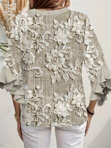 Women'S Vintage Floral Print Blouse With Ruffle Sleeves & V-Neck Button Front - Lightweight 3/4 Length Short Sleeve Round Neck Top, Plu Size Elegant Blue Blouse, Plu Size Elegant Blouse, Cardigan For Women In, Bohemian Clothes For Women - 杏色 - 查看 2