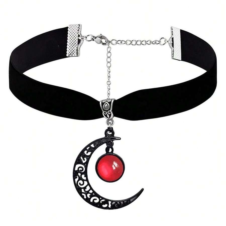 Rrdaily Gothic Moon Crystal Necklace Punk Style Moon Pendant Necklaces Vintage Black Crescent Necklace Dark Gothic Necklaces Costume Jewelry New Year Jewelry For Women{Inchcolor_nameinch:InchRed1inch} - 紅色1 - 查看 1