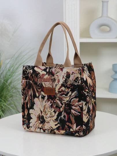 DLIU New Arrival, Thick Jacquard Fabric Knitted Material, Handbag, Tote Bag, Lunch Box Bag, Bento Bag, Lunch Bag, Storage Bag, Pouch, Suitable For Work, Outdoor Shopping, Daily Use, Portable And Lightweight, Bring Lunch And Picnic. Zipper Closure, Front Zipper Pocket