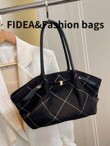 1 pieza Bolso de mano de gran capacidad para mujer, de cuero de PU de color rojo burdeos, con decoración de cinturón, material de PU, bolso de hombro tipo tote, estilo retro minimalista y elegante, adecuado para compras, ir al trabajo y uso diario de las mujeres - Negro - Ver 6