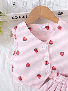 Bộ 2 món/Bộ trang phục thời trang thanh lịch mùa hè cho bé gái mới biết đi, Áo vest in họa tiết dâu tây sọc hồng + Chân váy xếp ly in họa tiết dâu tây sọc hồng phù hợp, Thích hợp cho bé gái mặc thường ngày - Hồng - Xem 4