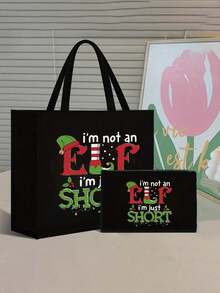 Christmas Theme Handbag And Cosmetic Bags Set,Printed With "I'm Not An I'm Just Short", Includes A Tote Bag And A Coin Purse,Middle Eastern Desert Pattern Linen Shopping Bag,Multi Functional Portable Handbag, Shoulder Bag,Large Capacity Fashion Simple Style Durable Gunny Bag,Skin Care Product Storage Bags,Makeup Bag, Beauty Products Storage, Charger Storage Bag,Suitable With Suitable For Outdoor Picnics, Parties, Travel And Shopping,Commute - Black - View 2