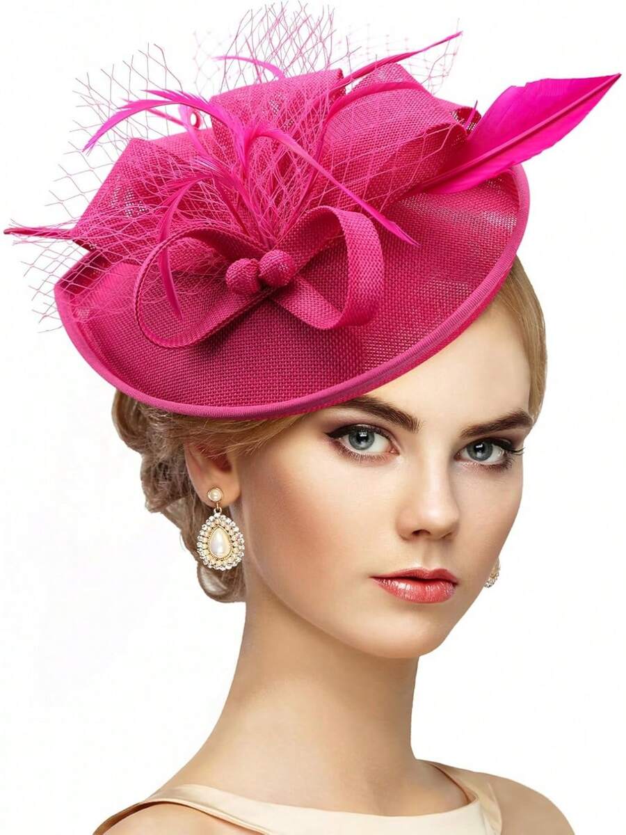 Tea Party Hat For Women - Rose Red Derby Fascinator With Detachable Headband (9.64"X7.87" / Head Circumference 21.5"-23.5") - Lightweight Feather & Polyester - Hồng - Xem 1