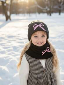 2pcs/Set Girls Embroidered Bow Knit Hat + Scarf Two Pieces Set, Warm Embroidered Bow Knit Set For Autumn/Winter, Children Two Pieces Knit Hat Set, Fashion Knit Hat Set