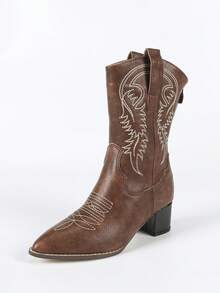 Women's Brown Pointed Toe Embroidered Chunky Heel Mid-Calf Boots, Elegant, Fashion, Minimalist, Versatile - Brown - View 6