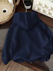 Women's Solid Color Long Sleeve Pocket Casual Sweatshirt With Bear English Graphic - Navy Blue - View 2