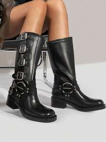 Women's Knee-High Boots, Comfortable Chunky Block Heel Pointed Toe Pull On Side Zipper Suede Slouch Riding Boots - Black - View 4