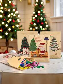 48 pezzi/24 pezzi/12 pezzi Sacchetti di carta kraft natalizi con stampe di alberi di Natale, Babbo Natale ed elefanti, per dolciumi, spuntino e regali di Natale, 6 stili