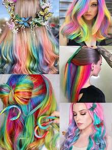 5pcs/Set Colorful Synthetic Hair Extensions Clip-In Hair Pieces, Rainbow Hair Extensions For Women & Girls - Multicolor - View 11