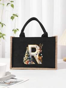 Men's Casual Tote Bag, Large Capacity Shopping Bag, Linen Beach Tote Bag Christmas Theme 26 Letter Print Commuter Tote Bag Yellow Linen Tote Bag, Shopping Bag With Gold Letter And Flower Print, Large Capacity Reusable Shopping Bag Laptop Bag Christmas Bags
