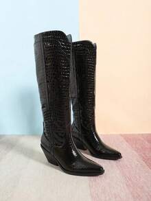 Black Snake Skin Pattern Western Style Knee-High Boots - Black - View 5
