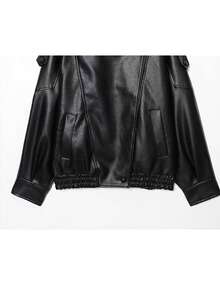 Women's Stand Collar PU Leather Jacket, Fashionable Elegant Long Sleeve Coat, Casual Zipper Design, Essential For Autumn/Winter - Black - View 4