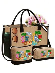 Ensemble de sacs de plage pour femme, imprimé plage, grand sac à main et deux trousses de maquillage, sac de voyage pour vacances, week-end, court séjour, cadeau d'anniversaire personnalisé pour une amie, idéal pour un mariage, un anniversaire, des vacances, un cadeau idéal pour les femmes, les mamans, les enseignantes, les amies, les demoiselles d'honneur, les étudiantes, la rentrée scolaire, un cadeau pour la meilleure amie, un souvenir de la mariée (avec foulard).