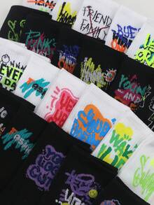 1/3/5/8/10/15 Paar Damen Kniestrümpfe, koreanischer Stil Graffiti & Buchstaben Bedruckte Crew Socken, rutschfest, für jeden Anlass geeignet, Frühling/Herbst