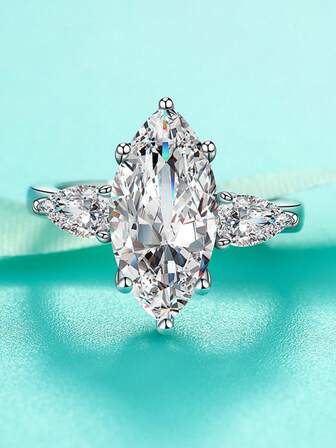 1pc Elegant S925 Sterling Silver Engagement Ring, Main Stone Is 7x14mm Oval Cut Moissanite, Luxury Jewelry For Women, Suitable For Wedding, Anniversary, Birthday, Christmas, Thanksgiving, Valentine's Day, Mother's Day Or Any Special Occasion