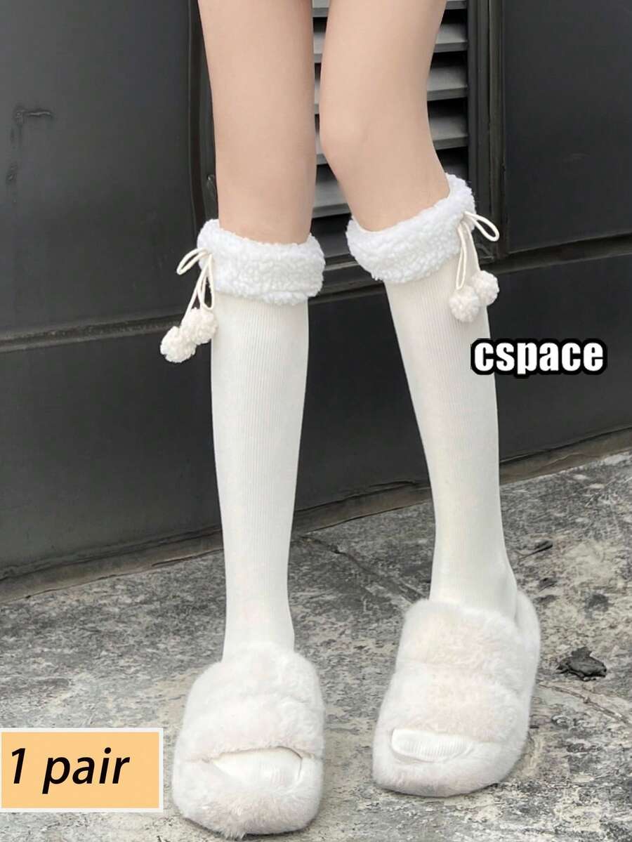 1 Pair Women's Autumn/Winter Thickened Warm Fuzzy Ball Japanese Style Knee-High Socks - Multicolor - View 1