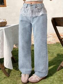 Women's Lace-Trimmed Wide-Leg Jeans - Light Blue, Loose, Hips-Covering, Slim-Fitting Straight-Leg Pants, Versatile Daily Sweet-Style Trousers - 淺色水洗藍 - 查看 3