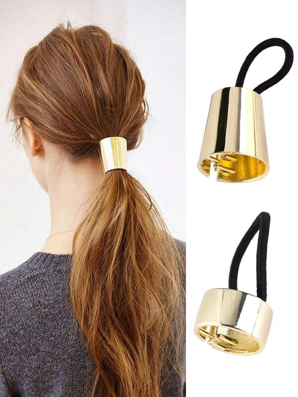 2pcs Gold Tone Circular Decor Hair Scrunchies, Fashionable Elastic Hair Ties For Ponytail, Suitable For Daily Outfit, Outdoor Sports, Commuting, Party ,Ponytail Holders ,Hair Elastics ,Hair Rubber Bands ,Hair Rope