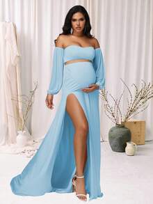 JustVH 2pcs Maternity Lantern Sleeve Tube Top & High Slit Maxi Dress, Suitable For Photo Shoot And Baby Shower - Baby Blue - View 6