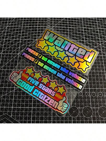 1pc Limited Edition 5-Star Wanted Poster - Rainbow Gradient Waterproof Motorcycle/Car Decal, Prominent "WANTED" Text - For Windows, Bumpers, Body - Matte Background Accents - DIY Auto Decor, Holographic Effect, High-Quality Vinyl Material, Customized For Enthusiasts