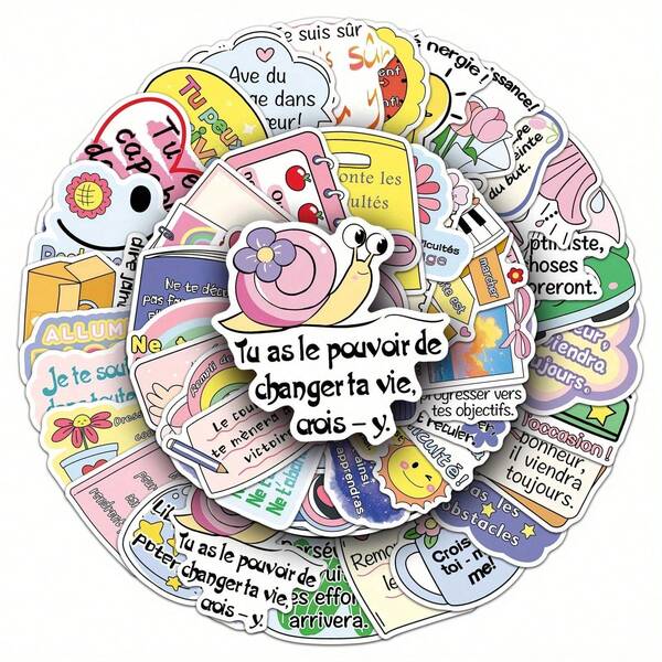50pcs French Inspirational Phrase Cartoon Graffiti Stickers For DIY On Boxes, Cups, Notebooks, Helmets
